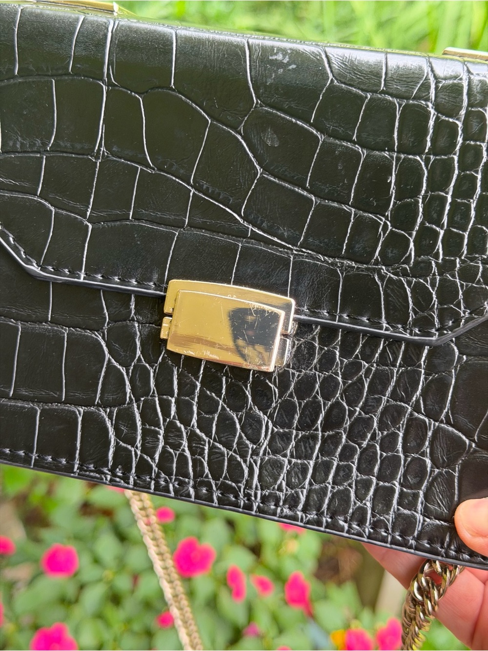 Zara Black Croc-Embossed Crossbody with Gold Hardware